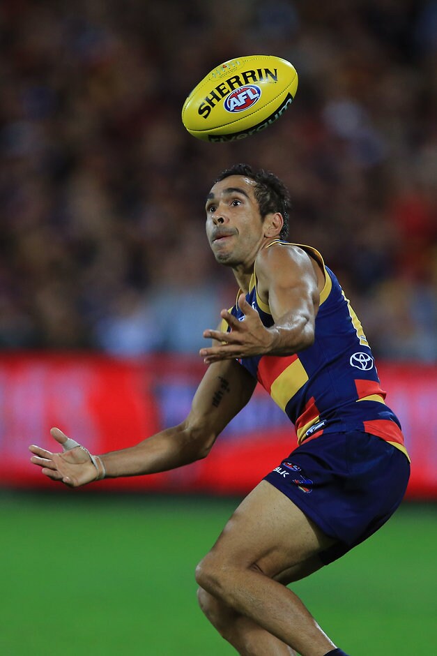 AFL 2015 Rd 05 - Adelaide v Port Adelaide Eddie Betts of the Crows juggles a mark during the 2015 AFL Round 05 match between the Adelaide Crows and Port Adelaide Power at Adelaide Oval, Adelaide on May 03, 2015. (Photo: James Elsby/AFL Media)
